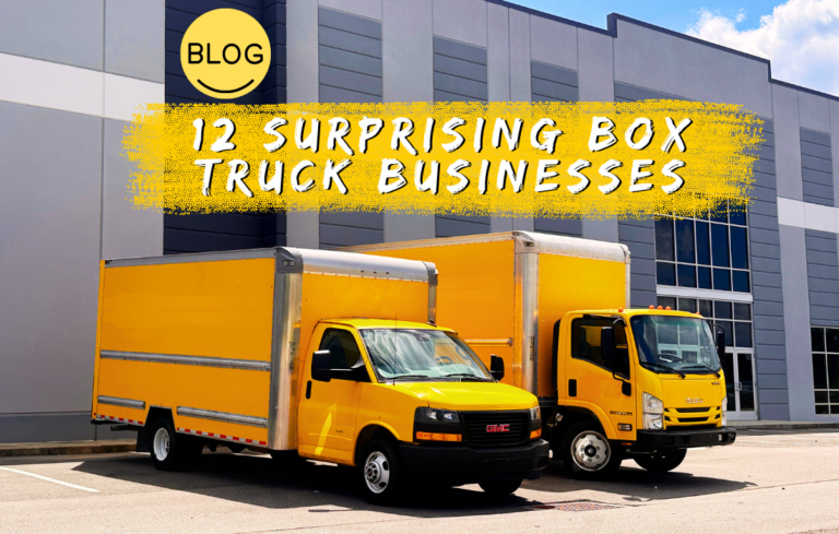Two yellow box trucks parked outside a modern building, with text overlay "12 Surprising Box Truck Businesses