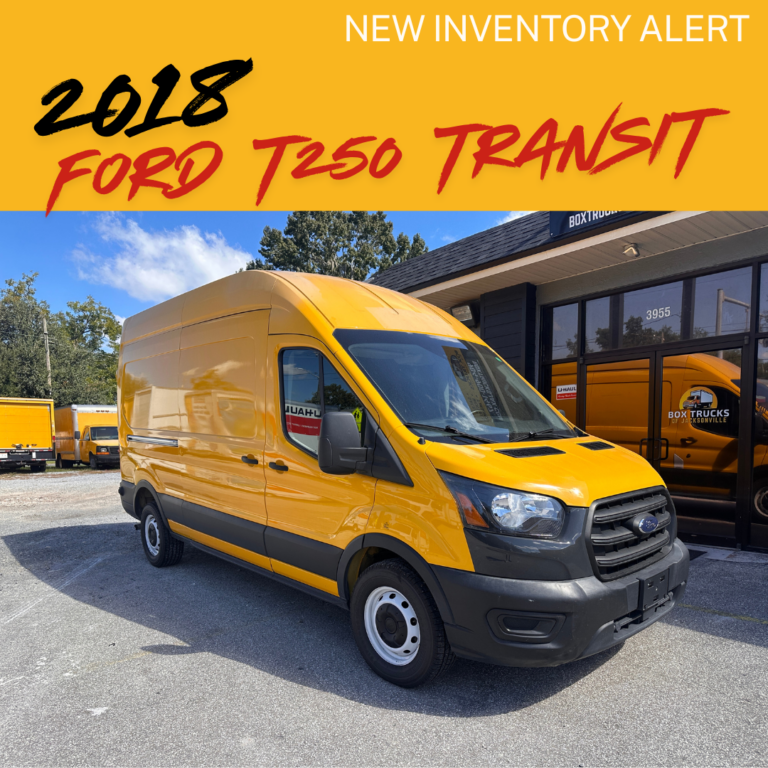 2018 Ford Transit T250 cargo van, yellow, parked outside a dealership