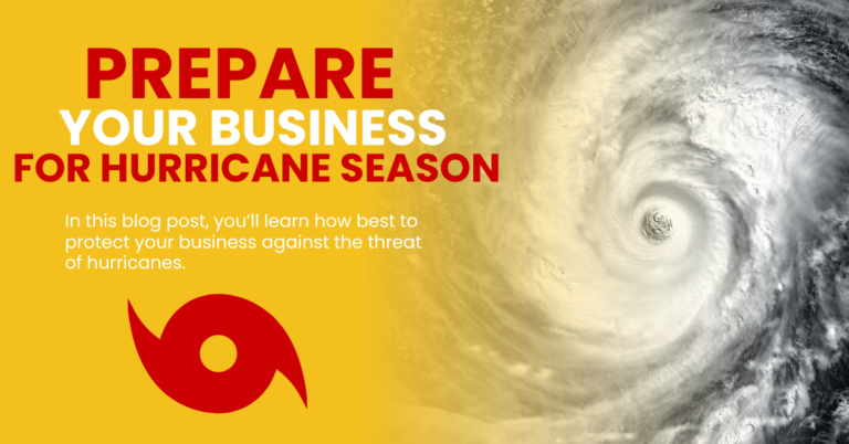 Hurricane prep for business: Text reads "Prepare Your Business For Hurricane Season" with a hurricane graphic.