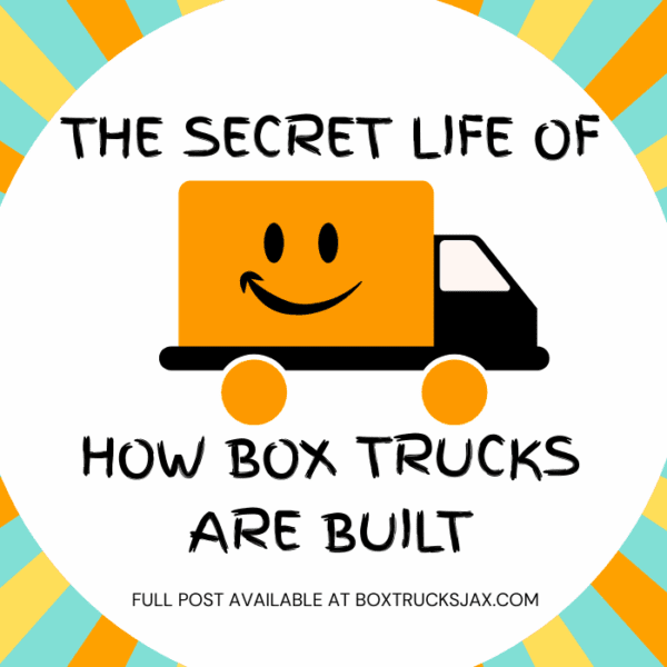 A graphic with a smiling orange box truck illustration and text that reads: “The Secret Life of How Box Trucks Are Built.” The background is blue with orange rays, and a logo for Box Trucks JAX is in the top right corner.