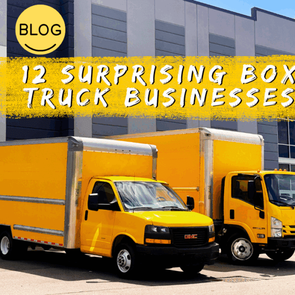 Two bright yellow box trucks are parked outside a modern industrial building under a blue sky. Text on the image reads “BLOG: 12 Surprising Box Truck Businesses” in bold, handwritten-style letters.