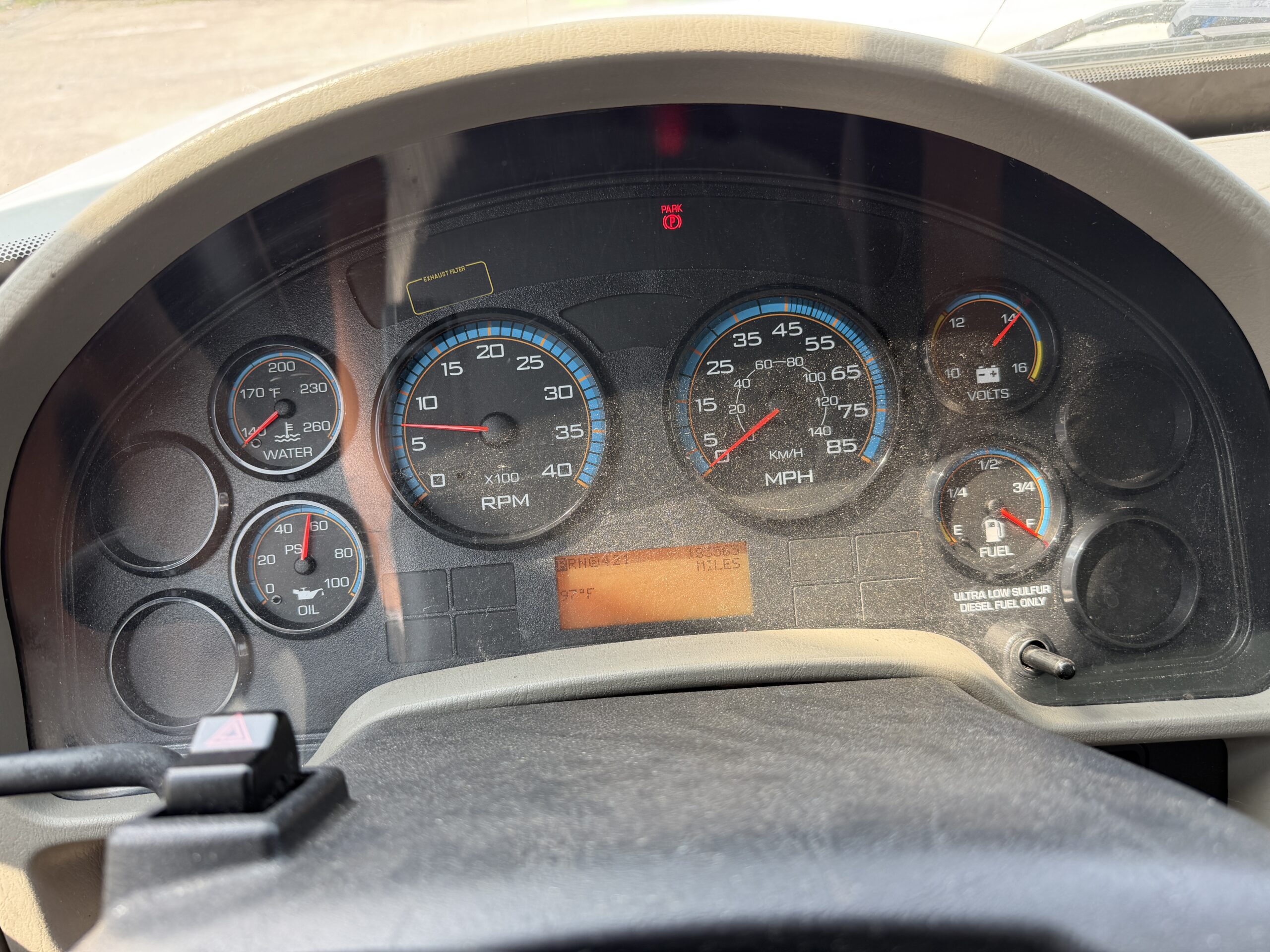 Truck dashboard gauges: speedometer, tachometer, fuel, oil, water, volts